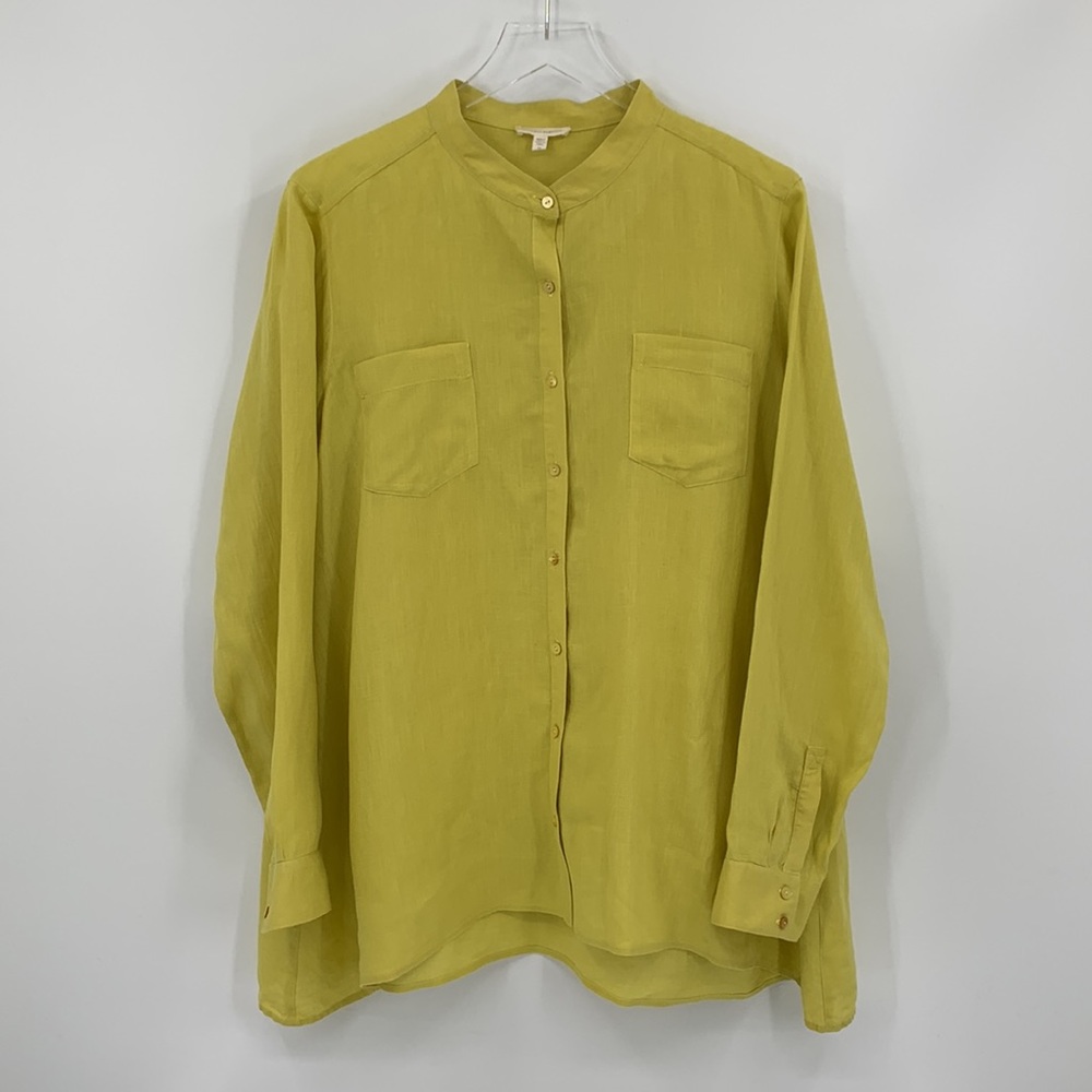 Eileen Fisher Irish linen tunic shirt top blouse Mandarin button yellow green M